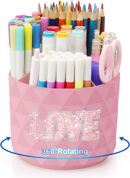 Desk Organizer, 360-Degree Rotating Pencil Pen Holders For Desk, Diamond Pattern Pen Organizer With 5 Compartments, Cute Desk Accessories Decor For Office, School,Home,Art Supply (White)