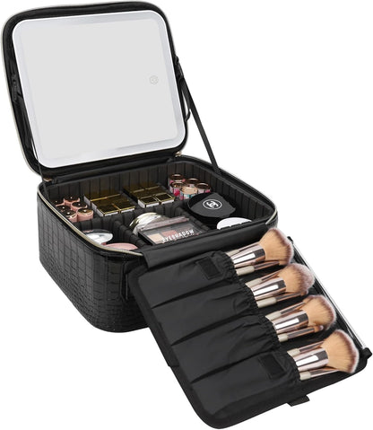 Relavel Travel Makeup Bag With LED Mirror, Cosmetic Train Case with Light up Mirror, Portable Makeup Artist Organizer Bag with Adjustable Dividers, Makeup Brush Holder Storage, Black