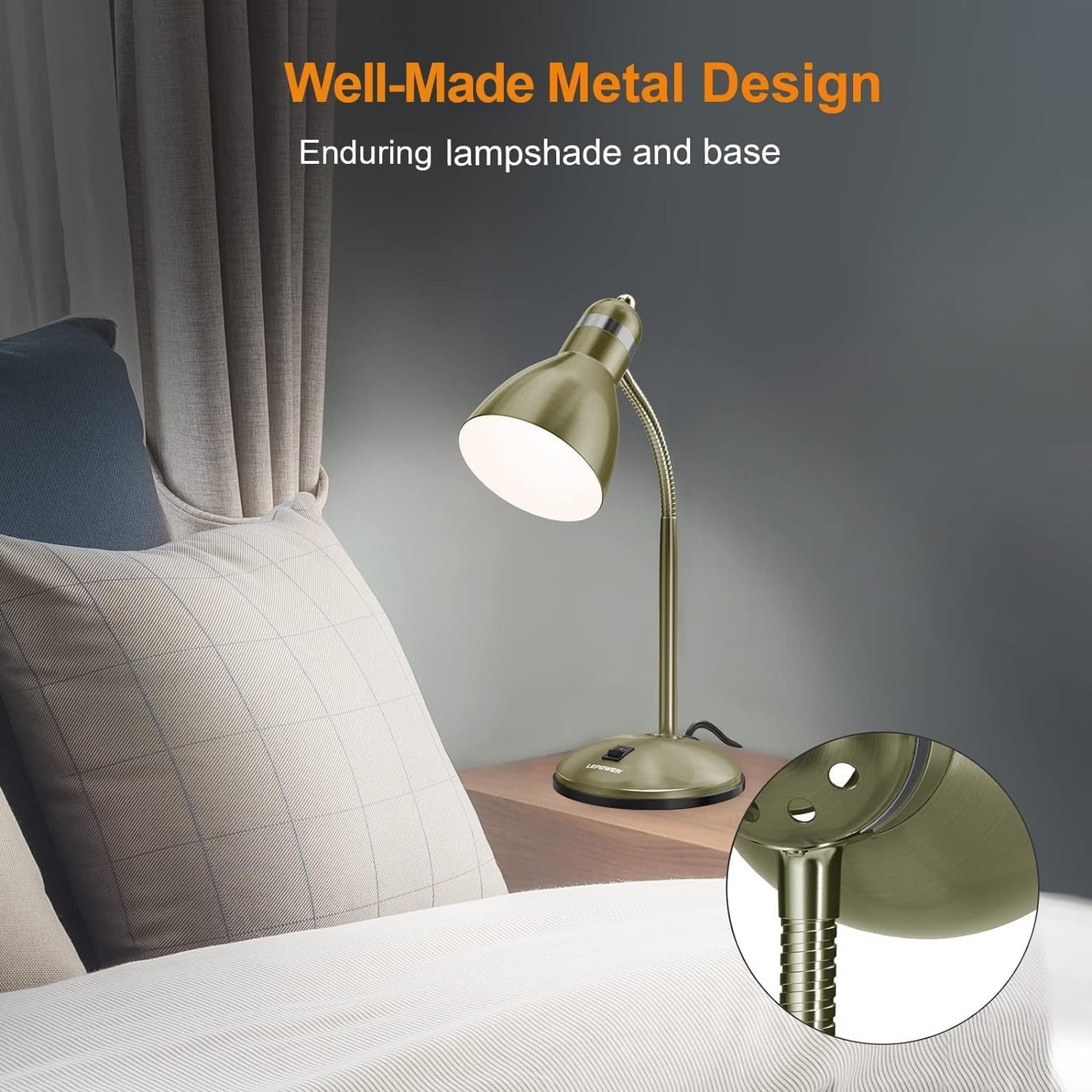 LEPOWER Metal Desk Lamp, Eye-Caring Table Lamp, Study Lamps with Flexible Goose Neck for Bedroom, Home Office (Matte Black)