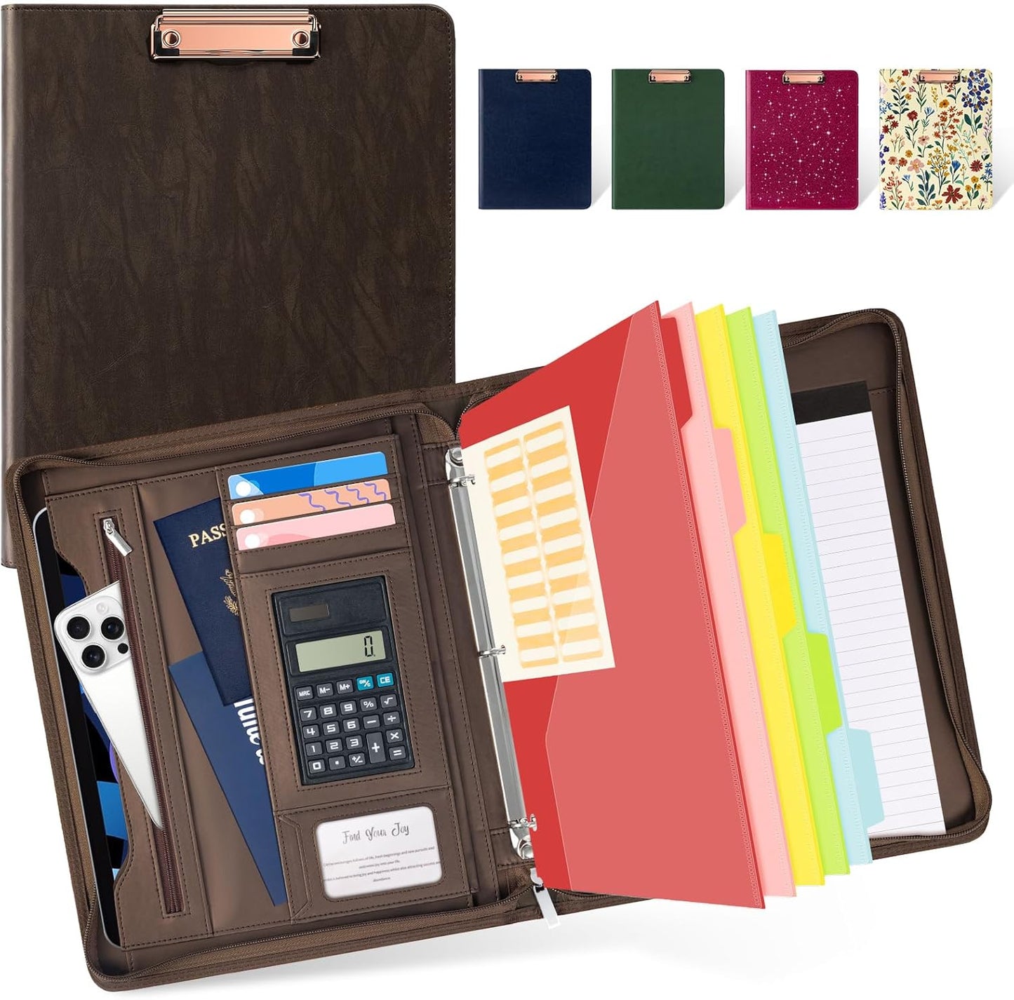 Ospelelf Zippered Padfolio Portfolio Folder, Leather Clipboard with Storage, 3 Ring Binder 1 Inch,12.1” Tablet Sleeve, 5 Dividers with Pocket, Refillable Notepad, Card Slot (Classic Black)