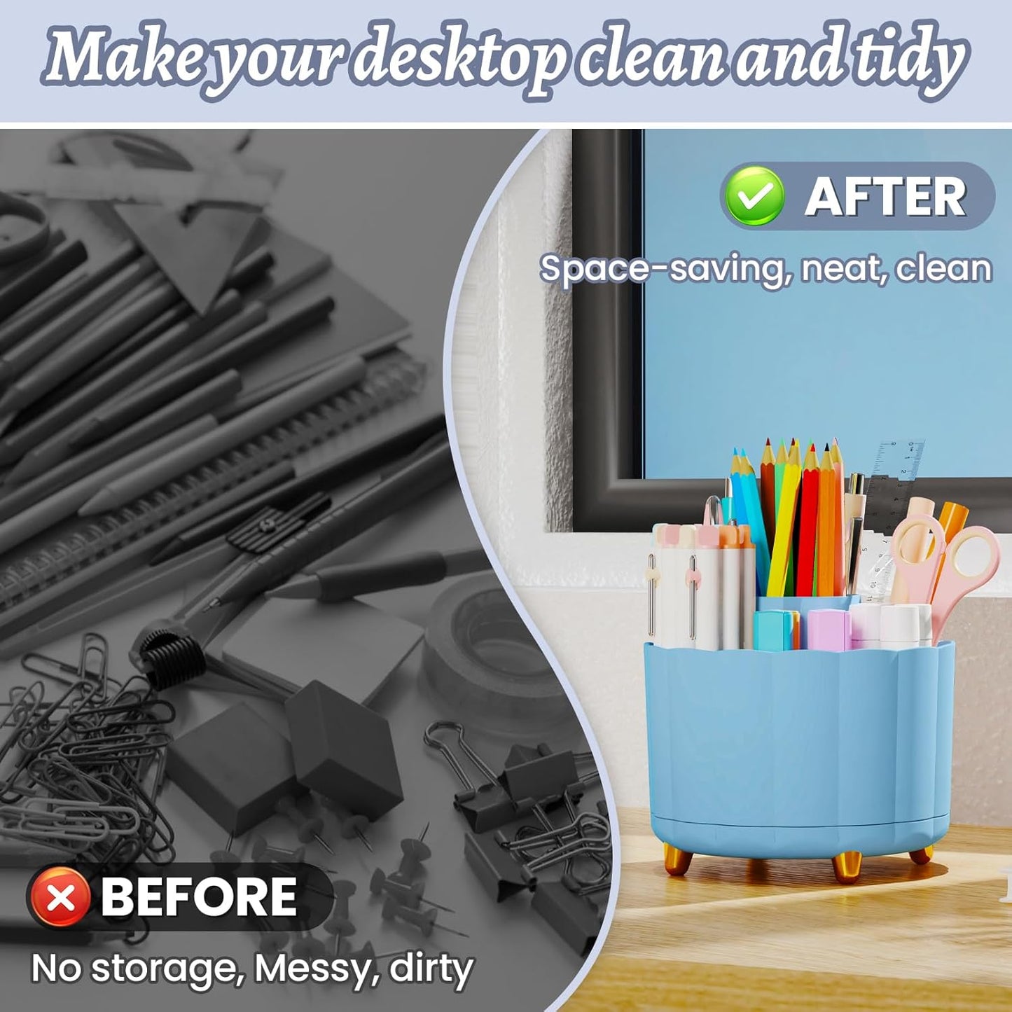 360 Rotating Pencil Pen Holder for Desk, White Pen Organizer with 6 Slots, Cute Office Supplies, Desk Accessories for Office, School, Home