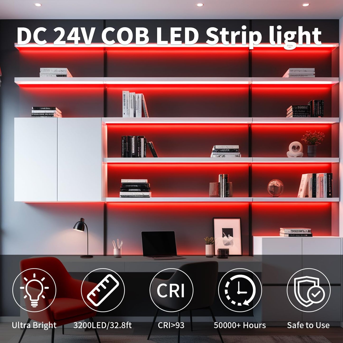 32.8FT/10M Blue COB LED Strip Light, 3200LEDS LED Tape Lights, High Bright CRI93+ Flexible Dimmable Light Strip for Bedroom TV Backlight Monitor Gaming Room Bar Decor(with Plug)