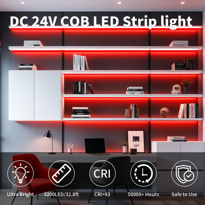 32.8FT/10M Blue COB LED Strip Light, 3200LEDS LED Tape Lights, High Bright CRI93+ Flexible Dimmable Light Strip for Bedroom TV Backlight Monitor Gaming Room Bar Decor(with Plug)