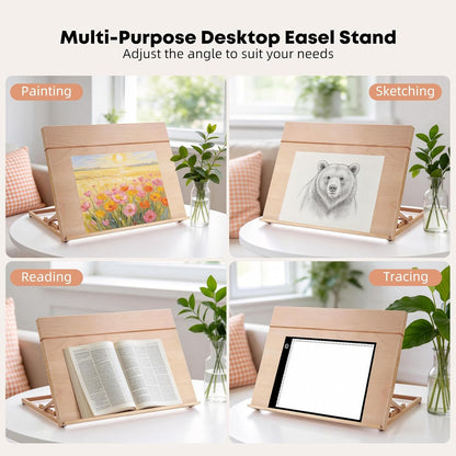 Wooden Tabletop Easel for Painting, Adjustable Table Top Artist Drawing Board for Adults, Students, 5-Position Art Easel Stand 25.6" x 18.9" Drafting Board with A3 Sketch Paper, A2