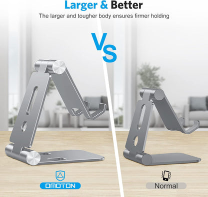 OMOTON Foldable Cell Phone Stand, C4 Portable Aluminum Phone Holder, Adjustable Phone Dock Cradle for iPhone 17/16/15 Pro Max Air, Small Tablets, Smart Phones, Women Men Gift for Fathers Day, Silver