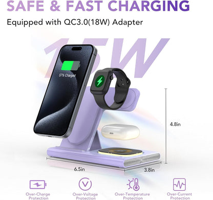3 in 1 Foldable Charging Station for Apple Products,Wireless Charger for iPhone 17 16 15 14 13 12 Pro Max,Travel Dock Adapter&Light for iWatch Series 11 10 9 Ultra 3/2 SE 3/2,for AirPods 4 3 2 Pro 3/2
