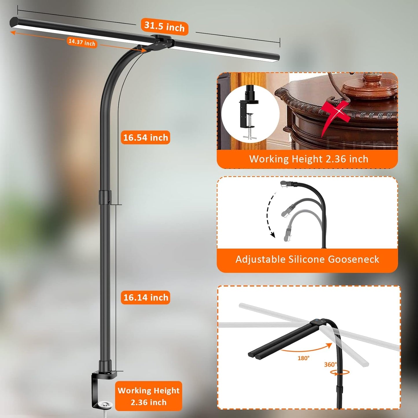 Double Head LED Desk Lamp, Architect Desk Lamps for Home Office, 24W Brightest Workbench Office Lighting-5 Color Modes and 5 Dimmable Eye Protection Modern Desk Lamp (Black-Desktop, Big)
