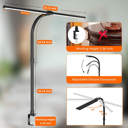 Double Head LED Desk Lamp, Architect Desk Lamps for Home Office, 24W Brightest Workbench Office Lighting-5 Color Modes and 5 Dimmable Eye Protection Modern Desk Lamp (Black-Desktop, Big)