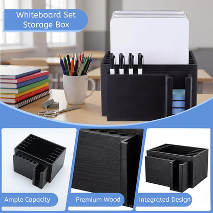 Novabright 10" x 9.75" x 6" Classroom Dry Erase Lapboard Storage Wooden Black Whiteboard Organizer hold up 6 dry erase board 6 Slot Pen 6 Erasers Storage for Desktop School, Office and Home, Classroom