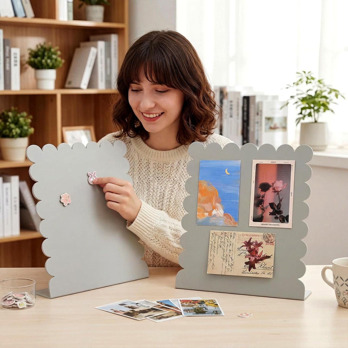 Gueevin 2 Pcs Magnet Board Standing Magnetic Metal Board for Desk and Wall Scalloped Magnetic Display Stand for Memos Photos and Documents Home Office School Desk Storage Decoration(White,Medium)