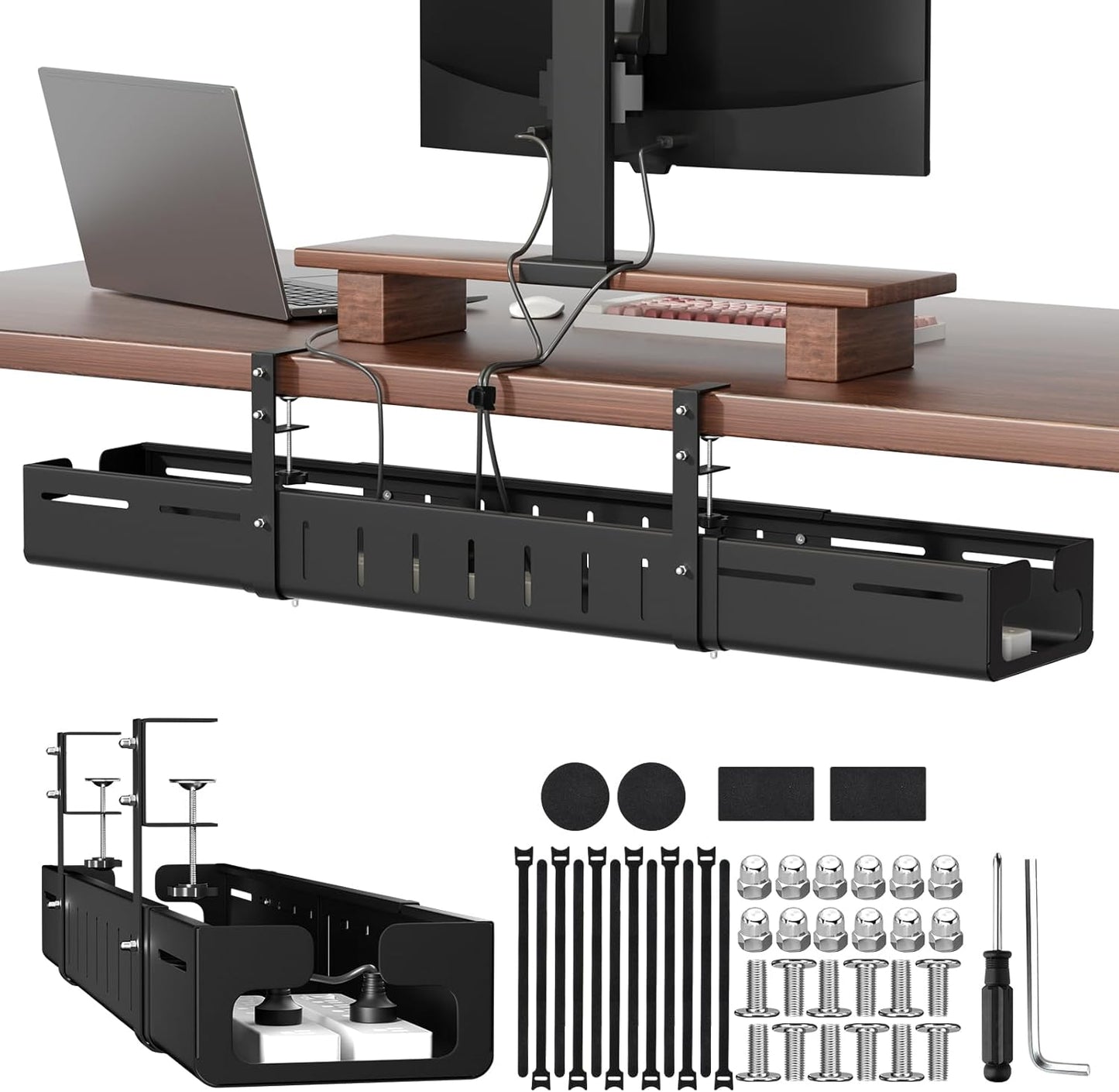 Under Desk Cable Management Tray, Expandable 25.2"–38.6" Heavy Duty Carbon Steel with Clamp, Hidden Cord Organizer for Desk, Home Office & Standing Desk, No Drill Installation, Black