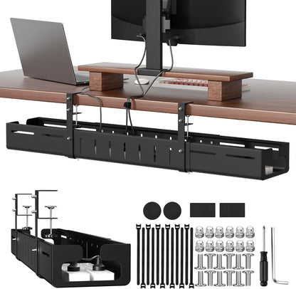 Under Desk Cable Management Tray, Expandable 25.2"–38.6" Heavy Duty Carbon Steel with Clamp, Hidden Cord Organizer for Desk, Home Office & Standing Desk, No Drill Installation, Black
