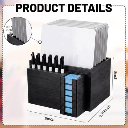 Novabright 10" x 9.75" x 6" Classroom Dry Erase Lapboard Storage Wooden Black Whiteboard Organizer hold up 6 dry erase board 6 Slot Pen 6 Erasers Storage for Desktop School, Office and Home, Classroom