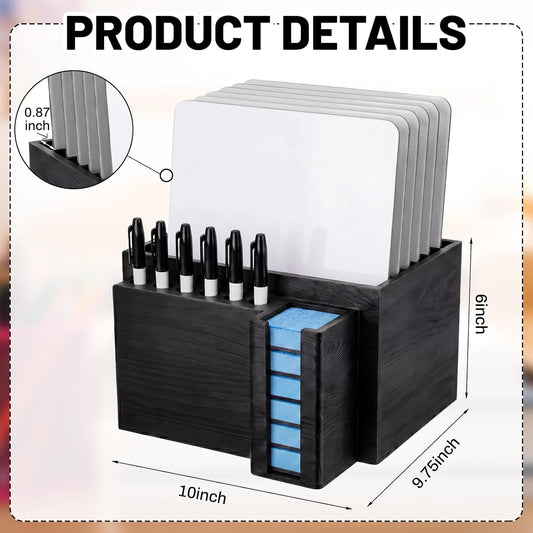 Novabright 10" x 9.75" x 6" Classroom Dry Erase Lapboard Storage Wooden Black Whiteboard Organizer hold up 6 dry erase board 6 Slot Pen 6 Erasers Storage for Desktop School, Office and Home, Classroom