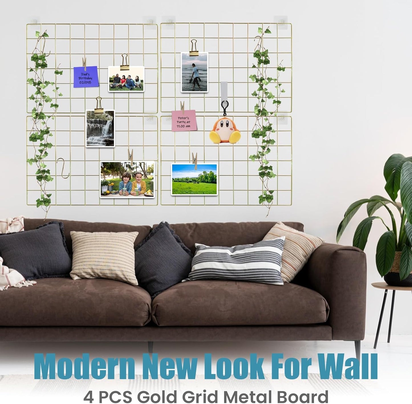 CIKLCIX Metal Grid Wall Panel, Wire Grid Photo Display Organizer, 17.3"×11.8" Gold Wire Board Grid Wall, Grid Picture Frame, 2-Pack Wire Mesh Memo Board With Clips and Hooks