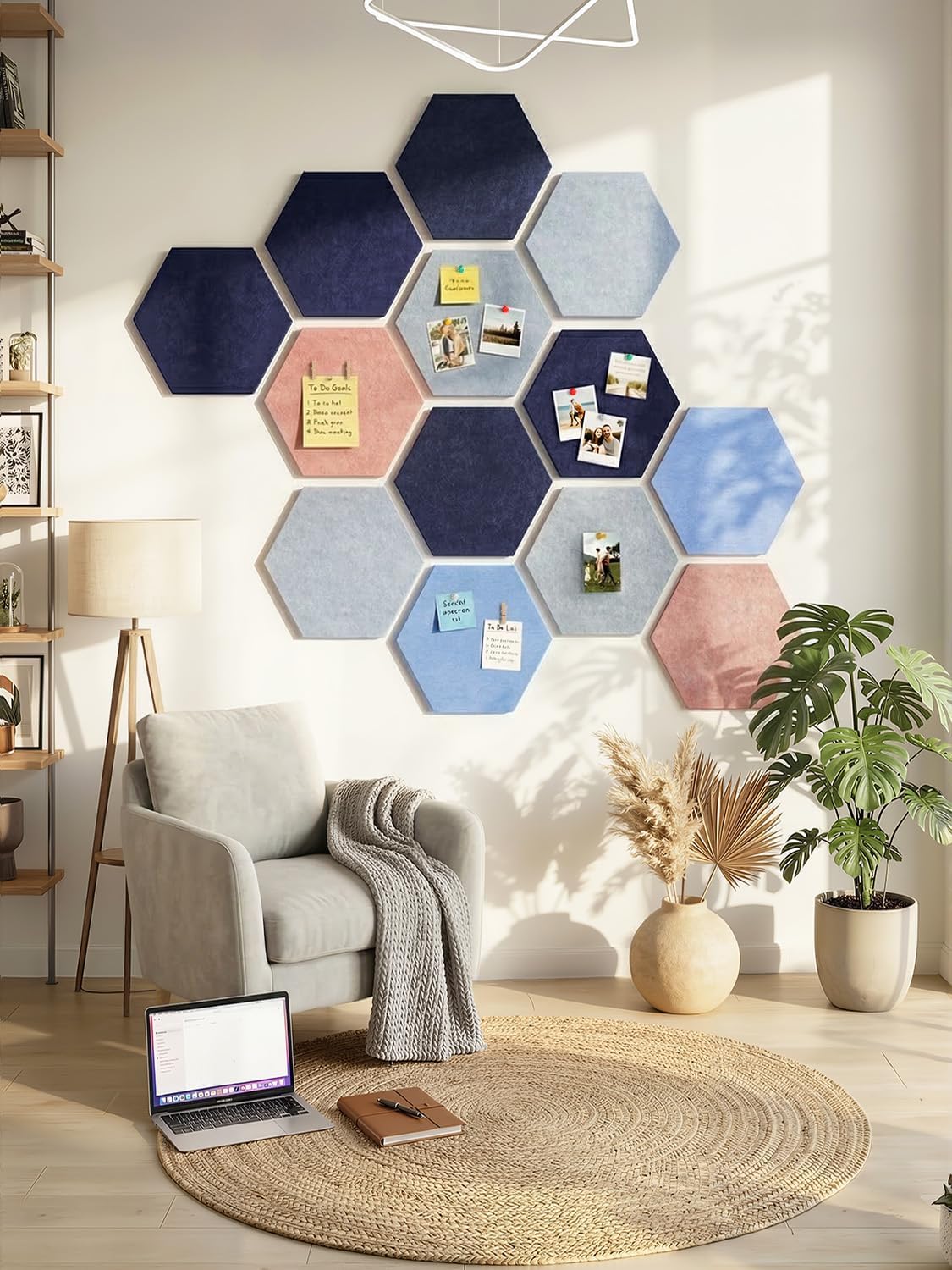 8 Pack Hexagon Felt Bulletin Board Tiles - 12" Large Thick Pin Board for Walls with 30 Push Pins, DIY Boards for Office Home School Decor, Aesthetic Hex Cork Board Alternative
