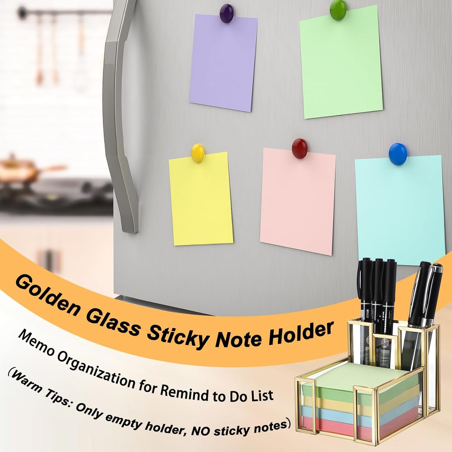 BTSKY Golden Glass Sticky Note Holder for 3x3 Inch Sticky Notes, Elegant Post It Note Dispenser with Non-Slip Pads Clear Notepad Holder for Desk Organization Planning, Home Office Decor