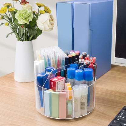 Mefirt Acrylic Pen Holder, 360 Degree Rotating Pen Organizer, Rotating Desk Acrylic Office Organizer with 6 Compartments, Marker Organizer for Kid, Crayon Caddy School Art Supply Storage Organizer