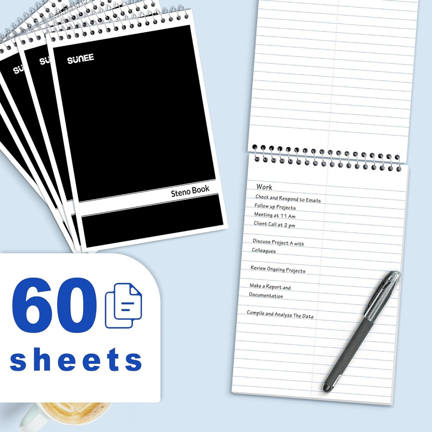 SUNEE 5 Pack Steno Pads 6x9, Gregg Rule, 60 Sheets, Spiral Notebook 6x9, White Paper, Take Notes with Top Spiral Notebook, for School, University, College, Work, Office, Black