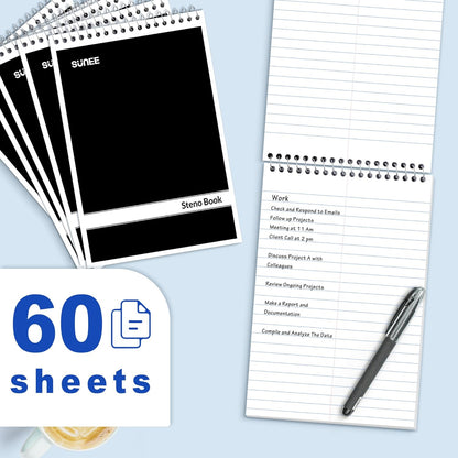 SUNEE 5 Pack Steno Pads 6x9, Gregg Rule, 60 Sheets, Spiral Notebook 6x9, White Paper, Take Notes with Top Spiral Notebook, for School, University, College, Work, Office, Black