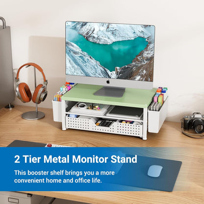 Wood Metal Monitor Stand Riser, Laptop Stand for Desk, Office Desk Organizer and Accessories, Computer Desktop Shelf with Drawer and Pen Holder, Printer Stand for Home, Office, Dorm (Natural Wood)