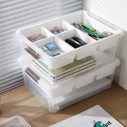 MACOPRO 17QT Craft Storage Box with 2 Removable Caddy Trays, Clear Stackable Plastic Organizer with Lid for Art Supplies, Beads, Sewing Tools, Pens & Kids Toys (White, 1Pack-2-in-1)