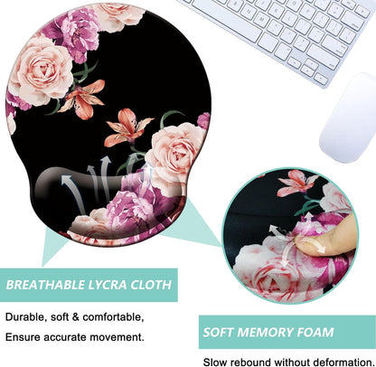 Mouse Pad with Wrist Support, Ergonomic Mouse Pad with Memory Foam Wrist Rest Cushion, Non-Slip Rubber Base Gaming Mice Pad for Home Office Computer Laptop, Flowers Grass