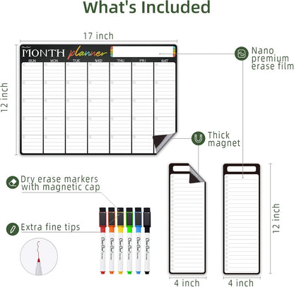 Magnetic Dry Erase List Board - 4"x12" Multifunctional List Board for Fridge - 6 Extra Fine Point Markers Included - Shipped Flat