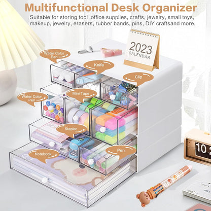 Desk Storage Organizer with 9 Drawers, 4 Tiers Stackable Desktop Craft Storage Drawers, Clear Storage Box Caddy for Stationary Makeup Jewelry Office Craft Supplies (Green)
