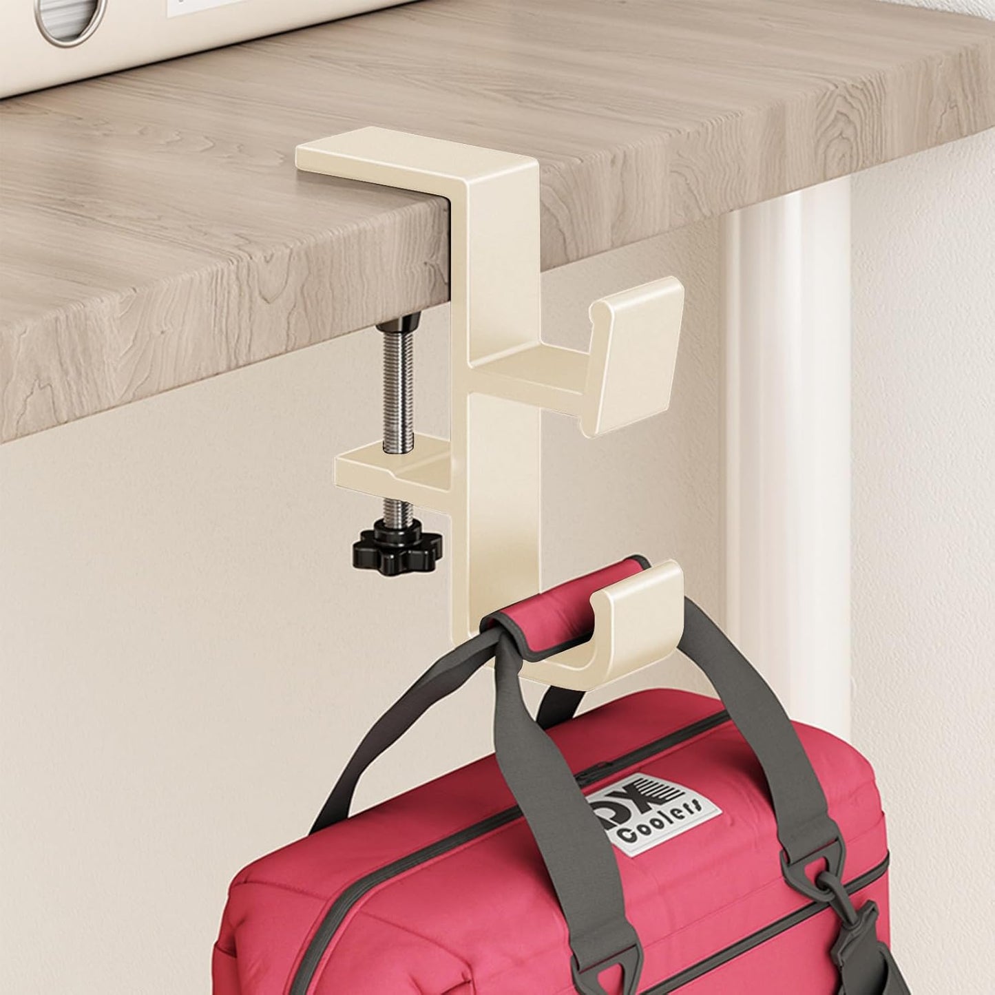 Desk Hook for Bag, Purse Hook for Table, Under Desk Handbag Hanger, Aluminum Backpack Holder, Desk Mount Hook for Umbrellas, Headphone, Cream