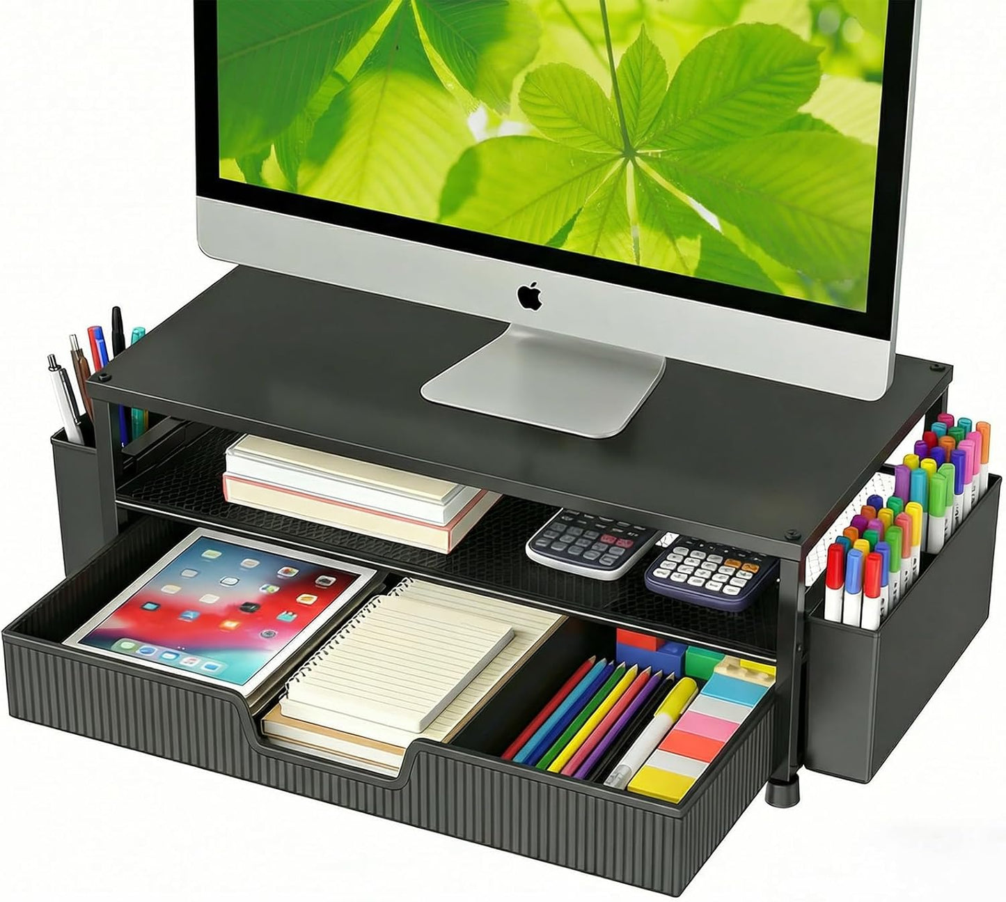 ECOLOVI Desk Organizer and Accessories, 2-Tier Computer Monitor Stand Rise with Storage Drawer & 2 Pen Holders, Laptop & Printer Stand for Desktop, Workspace Organizers for Office Supplies (Brown)