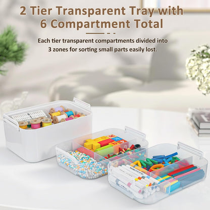 3-Layer Plastic Craft Organizers and Storage Box with Removable Trays, Storage Containers with lids and Handle, Art Supply Storage Organizer for Bead, Ornament, Nail Polish, Tape（10.62"x9"x7.67"）