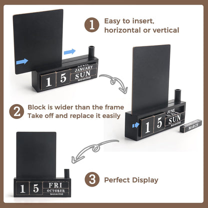 SELEAD Wooden Block Desk Calendar with Chalk Board - Daily Desktop Perpetual Calendar Words Sign Quotes for Home Office Classroom Decor, Teachers Students - Black