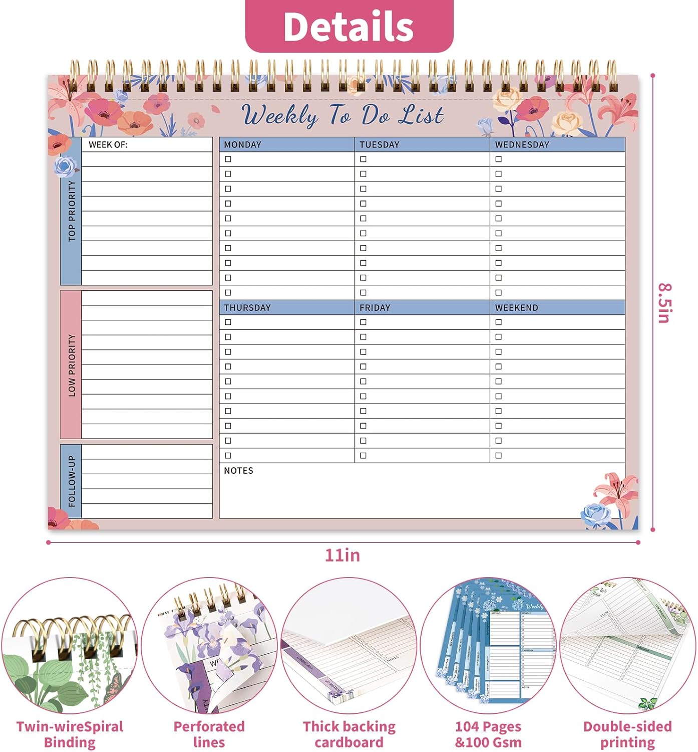 104 Pgs Weekly To Do List Notepad, 52 Duplex-Printed Undated Sheets 100 GSM（8.5"×11") Weekly Desk Planner For Work Home School Office Desk Accessories Supplies & Goal Setting Tasks - Green