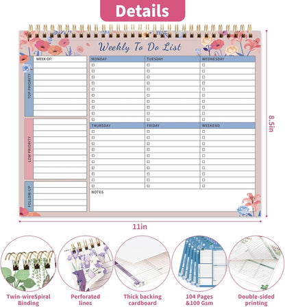 104 Pgs Weekly To Do List Notepad, 52 Duplex-Printed Undated Sheets 100 GSM（8.5"×11") Weekly Desk Planner For Work Home School Office Desk Accessories Supplies & Goal Setting Tasks - Green