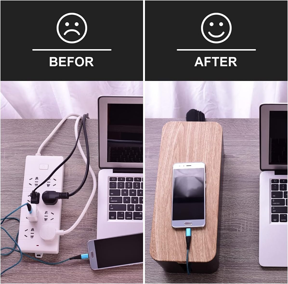 3 Pack Cable Management Box with 18 PCS Cable Management Set - Large & Medium & Small Wooden Grain Cable Organizer Box to Hide Wires & Power Strips | TV Cord Organizer Box | for Home & Office(Black)