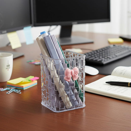 Artistic Acrylic Pen Holder Cute, Clear Makeup Brush Holders with Woven Texture and a Pink Bow, Transparent Stylish Pencil Holder for Desk, Clear Pencil Organizer Pen Caddy for Desk School Accessories