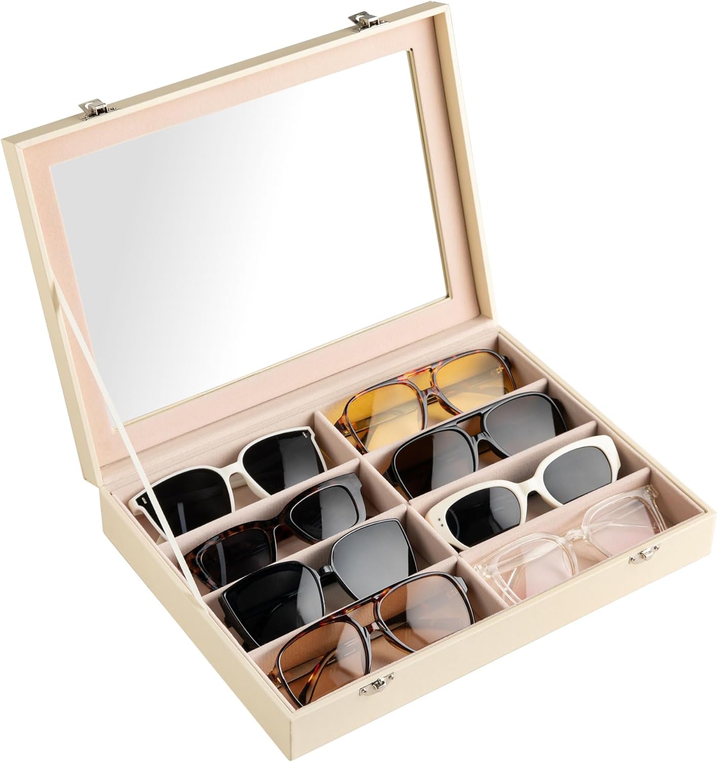 Frebeauty Sunglass Organizer,PU Leather Glasses Organizer,8-Slot Sunglasses Tray,Men's/Women's Sunglasses Box,Sunglass Case,13.3 x 9.6 x 1.5 Inches,Eyeglass/Eyewear Display Tray(Grey)