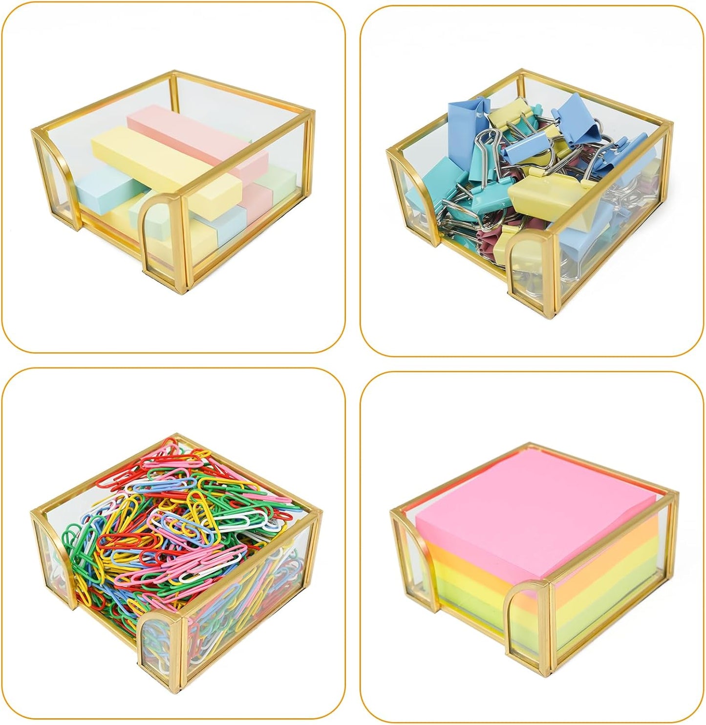 Glass Sticky Note Holder, Gold Post It Note Dispenser for Desk,3 x 3 Inch Post It Note Holder,Stylish Sticky Note Dispenser for Home Office Desk