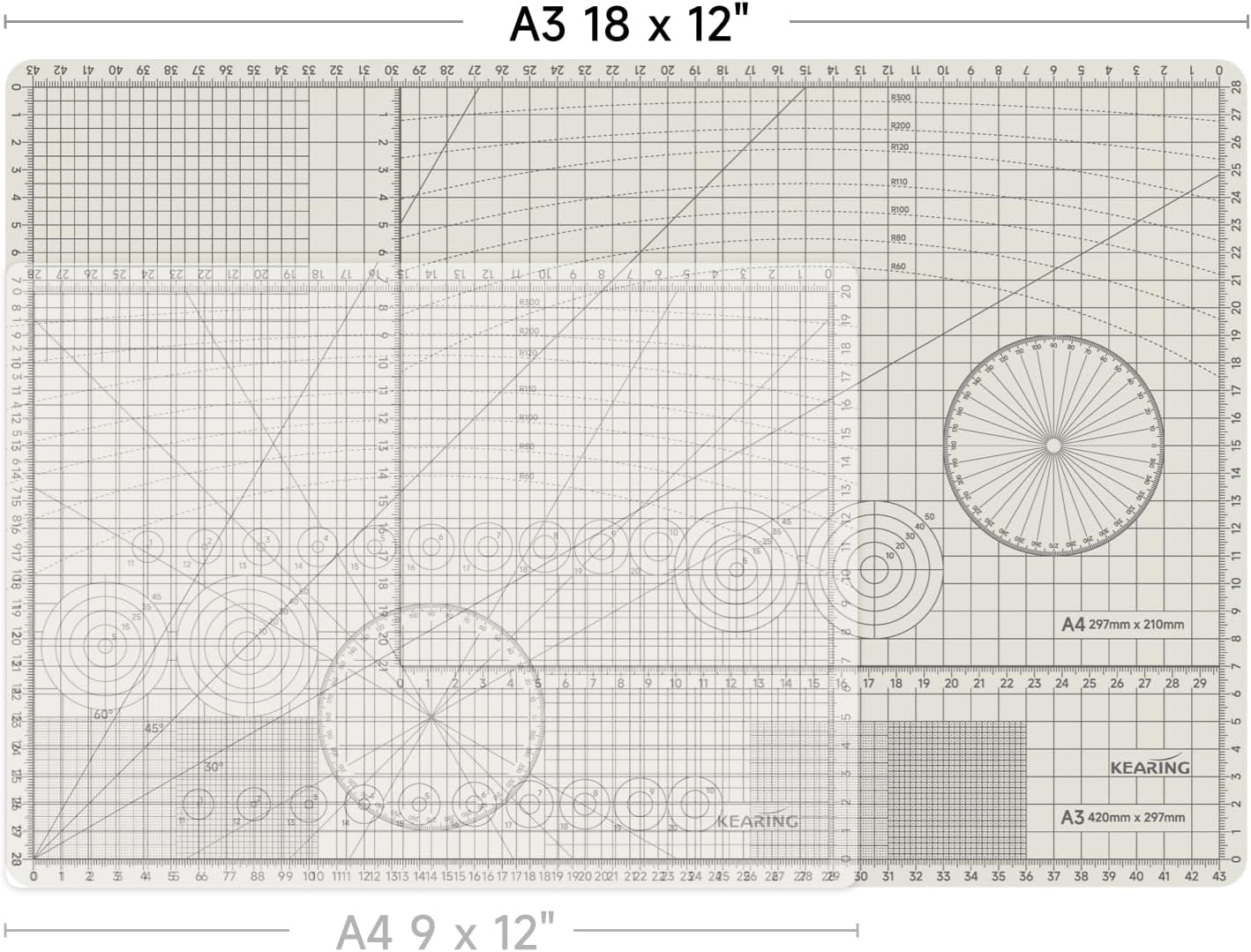 KEARING A3 Self Healing Cutting Mat 12x18 Inch, 3mm Thick Double-Sided High-Contrast Craft Mat with Grid, Premium 5-Ply PVC Construction, Beige and Charcoal Grey, for Sewing, Quilting, Crafts, 1 PCS