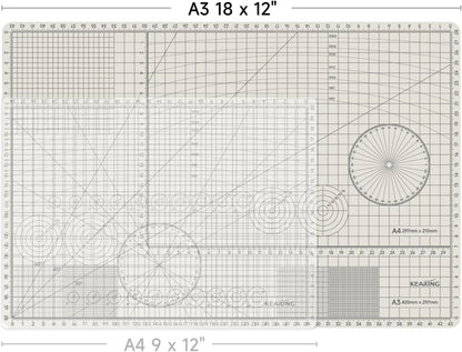 KEARING A3 Self Healing Cutting Mat 12x18 Inch, 3mm Thick Double-Sided High-Contrast Craft Mat with Grid, Premium 5-Ply PVC Construction, Beige and Charcoal Grey, for Sewing, Quilting, Crafts, 1 PCS