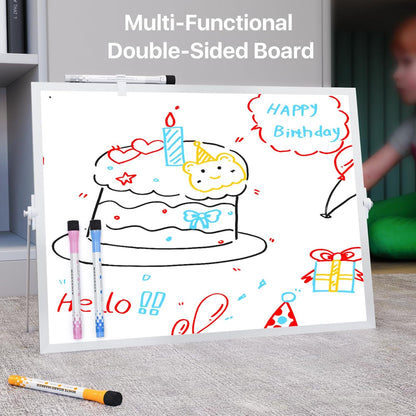 Marsrock Dry Erase White Board with Stand,Double-Sided Weekly Whiteboard 16"x12", 10 Markers, 6 Magnets, 1 Eraser, Portable Desktop Whiteboard for Planning,Weekly Schedule Board for School for Home