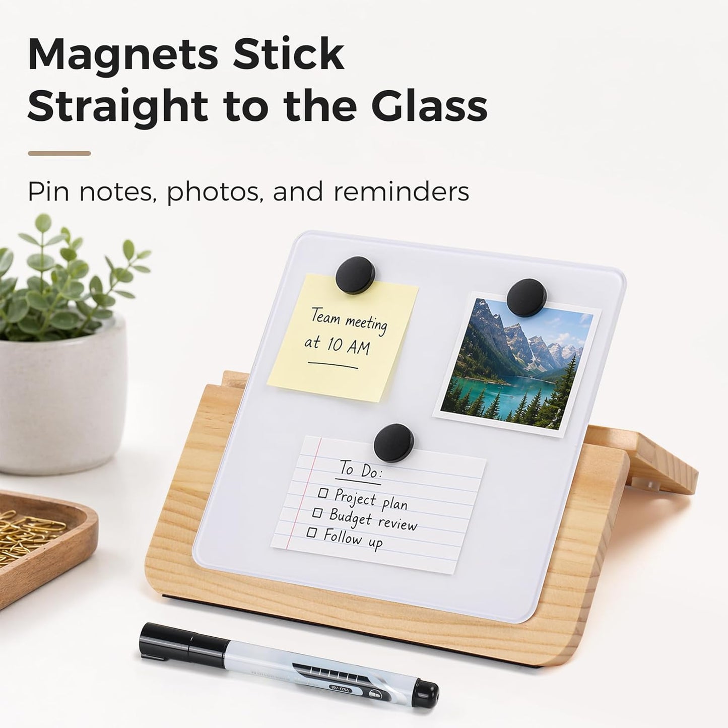 Magnetic Glass Desktop Whiteboard with Solid Wood Stand, Adjustable Foldable Mini Dry Erase Board, 2-in-1 Tabletop & Hanging Glassboard with Rustic Rope, Reusable Home Office School, Black and Square