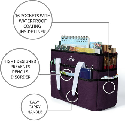 JJRING Craft Organizer Tote Bag for Art Storage, Caddy with Multiple Pockets, Bluish Green Sewing Bag for Scrapbooking, School, Medical, and Office Supplies