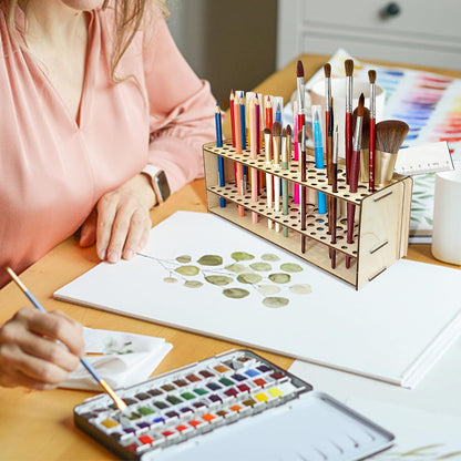 Wooden Paint Brush Holder with Glue 67 Hole and Large Tool Compartment Paint Brush Organizer Desk Paintbrush Holder Stand Wood Paintbrush Rack