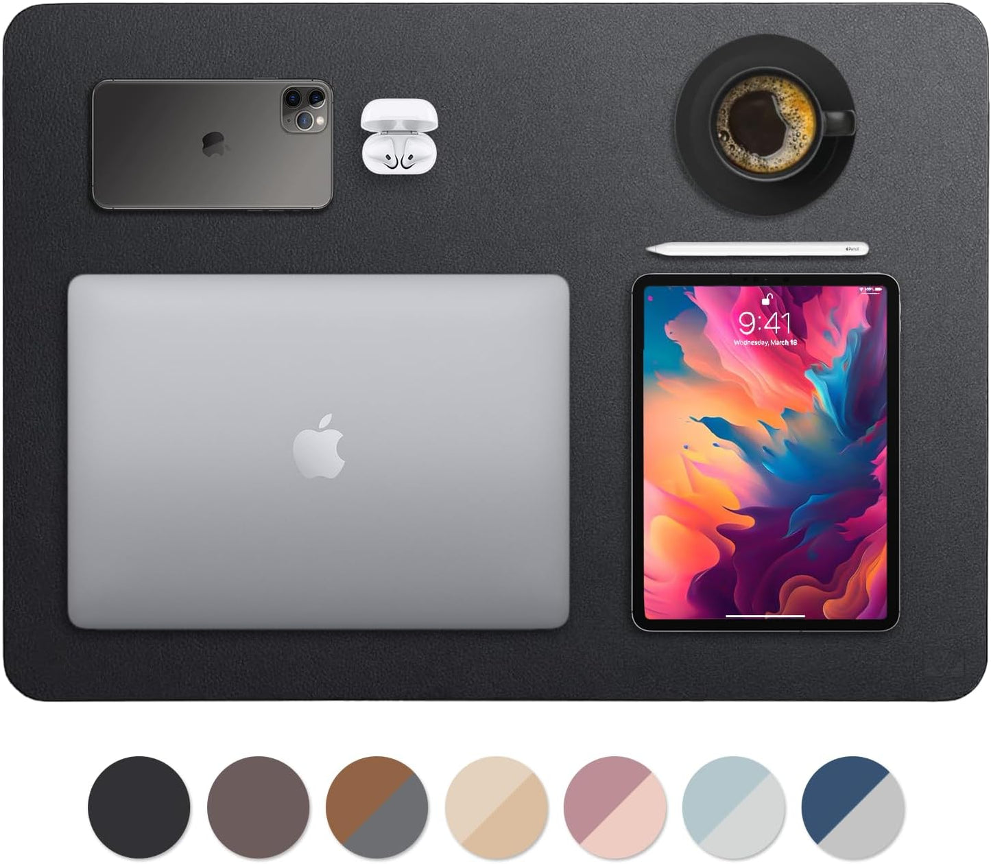 Leather Desk Pad 36" x 20", Vine Creations Office Desk Mat Waterproof Black - Premium Quality - Smooth Mouse Writing Surface - Maximum Protection Dual-Sided Pu Leather Blotter for Desk Office/Home