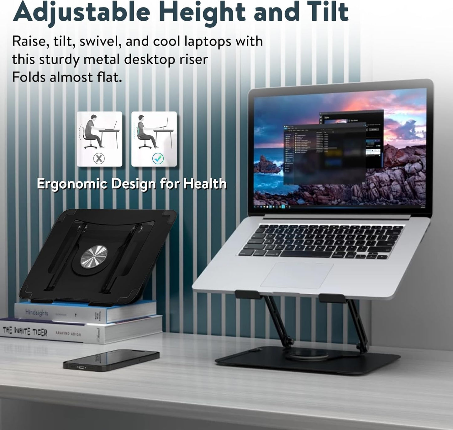 Uncaged Ergonomics Swivel Laptop Stand for Desk, Adjustable Computer iPad Stand for Desk w/ 360 Rotation, Portable Laptop Holder for Home Office Ergonomic Supplies