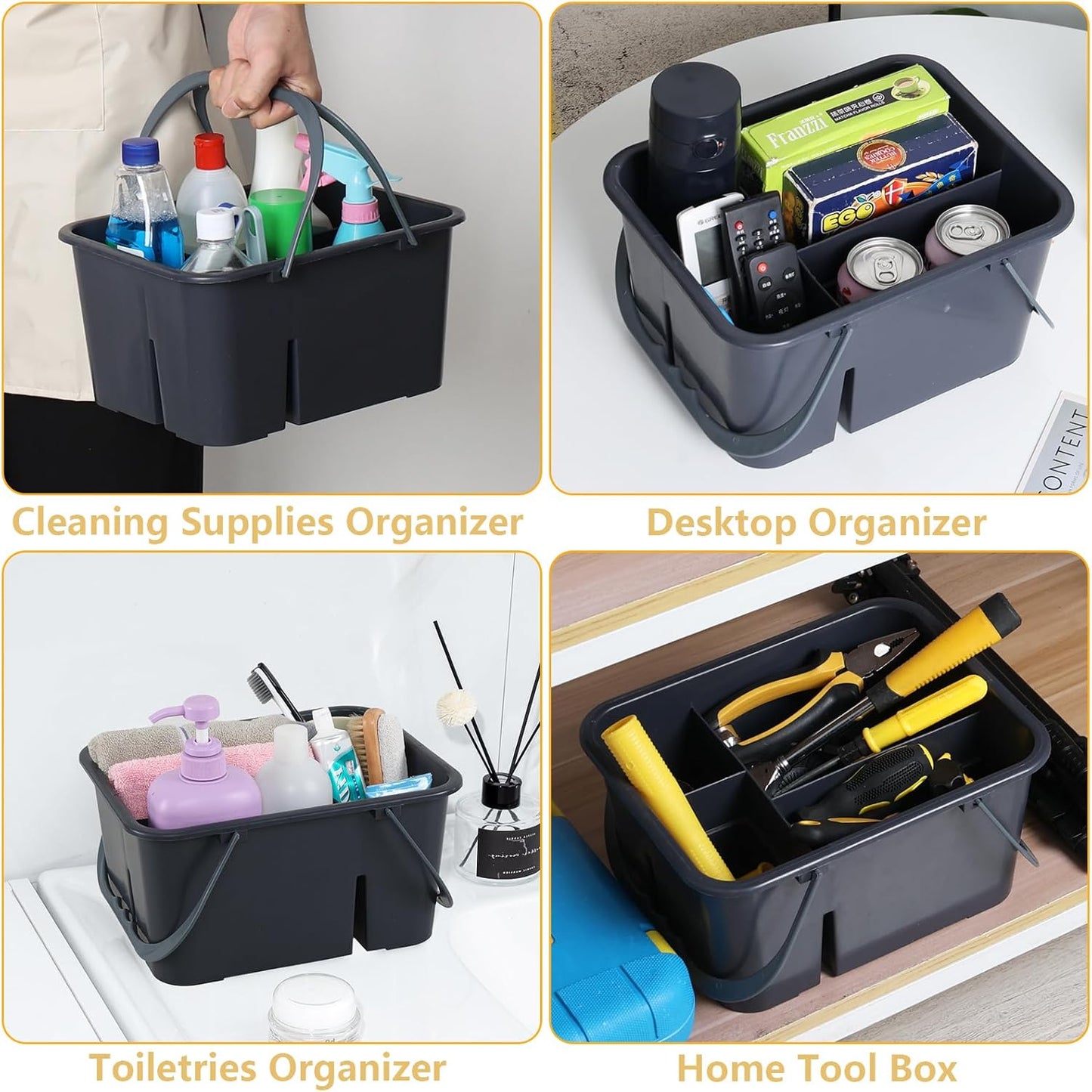 Ramddy 4 Compartment Plastic Caddy for Cleaning Supplies, Carry Caddy Organizer with Handle, Gray, 1 Pack