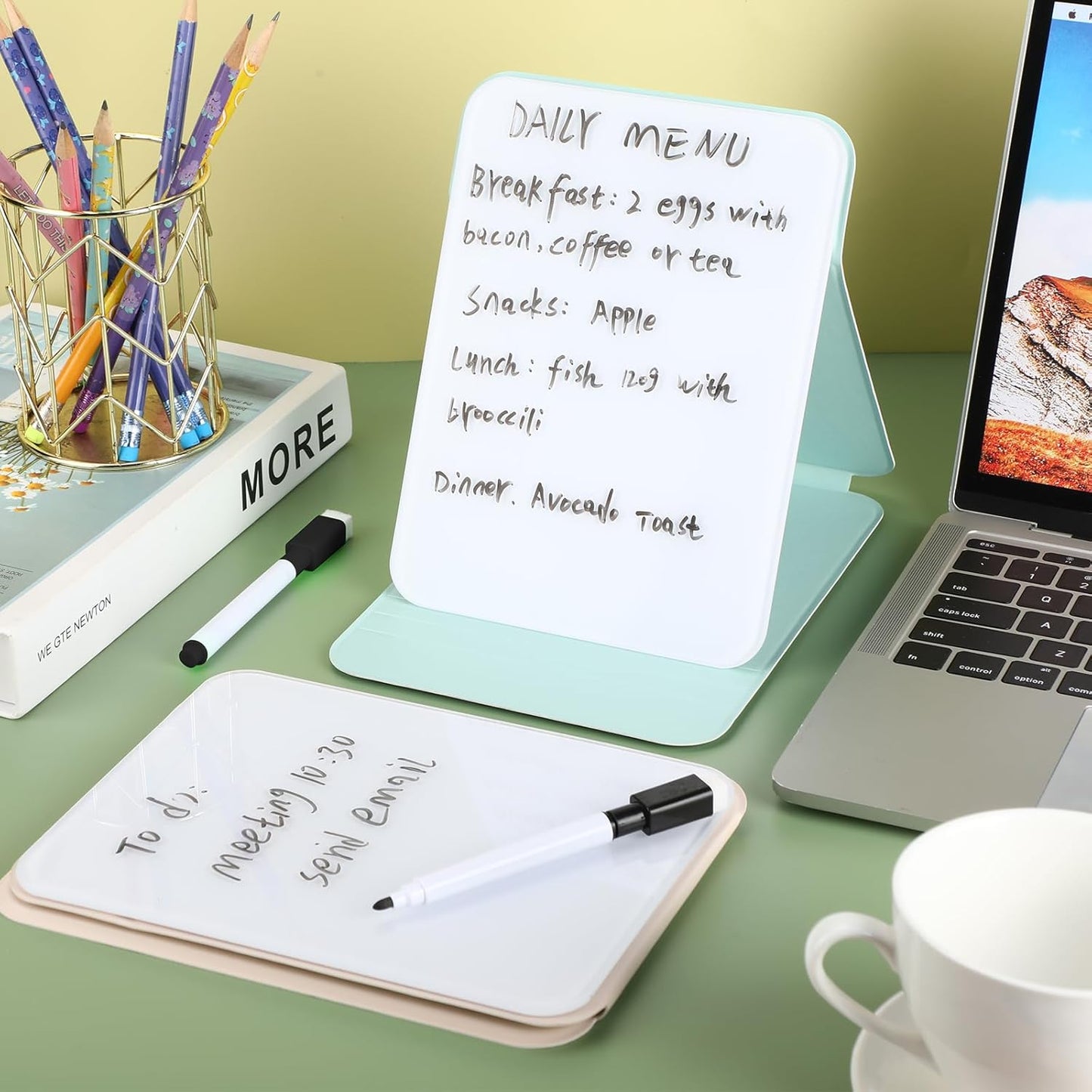 Dunzoom 2 Sets 4 Pcs Small Glass Desktop Whiteboard with Reversable Stand 8x6 Inch Mini Dry Erase White Board Easel with 2 Markers Reusable Desk Notepad for Home Office School Supplies (Pink,Green)