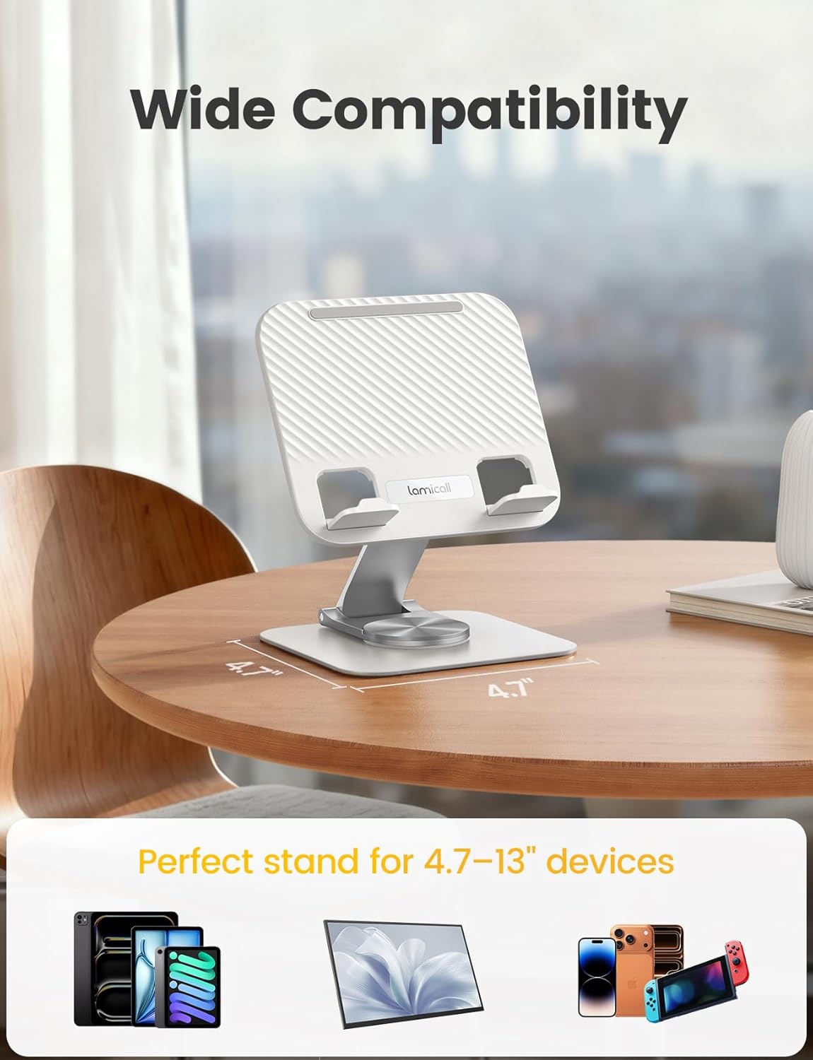 Lamicall Adjustable iPad Stand for Desk - [Ultra-Slim Foldable][360°Rotation Base] Tablet Holder Stand, Heavy-Duty E-Reader Kindle Holder for 4.7-13" Device, iPad Pro Air Mini, Kindle, Tabs, iPhone